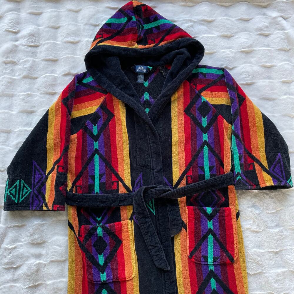 🔥Vintage STAFFORD 100% Cotton Aztec Tribal Southeastern Bathrobe Mens One Size - Picture 5 of 16